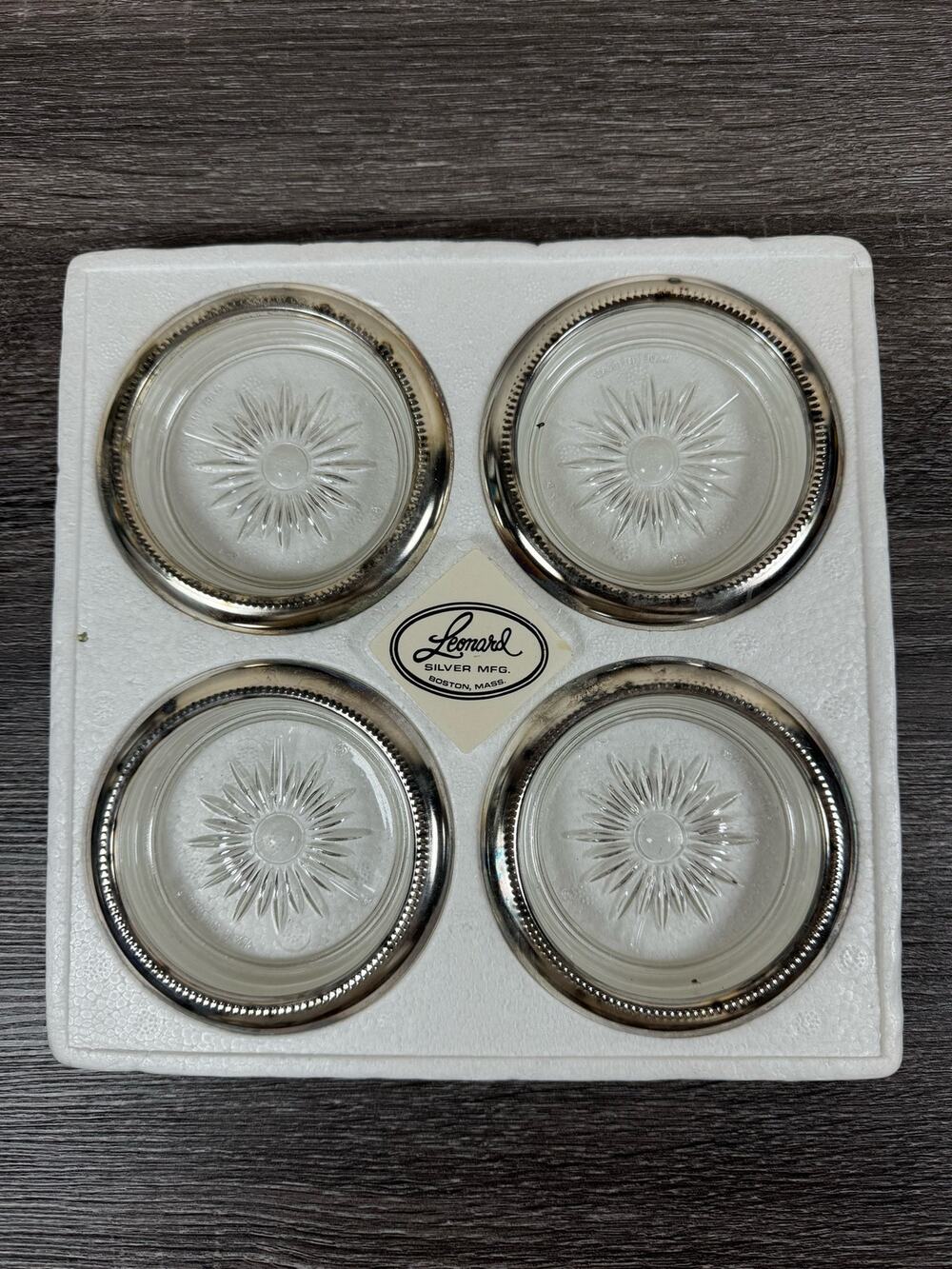 Vintage Leonard Silver Mfg Crystal Glass Coasters Silver Tone Set of 4 Boxed
